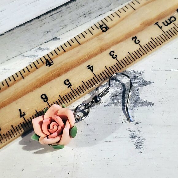 Handcrafted Fimo Polymer Clay Pink Rose Flower Bead Dangle Earrings - Picture 6 of 6